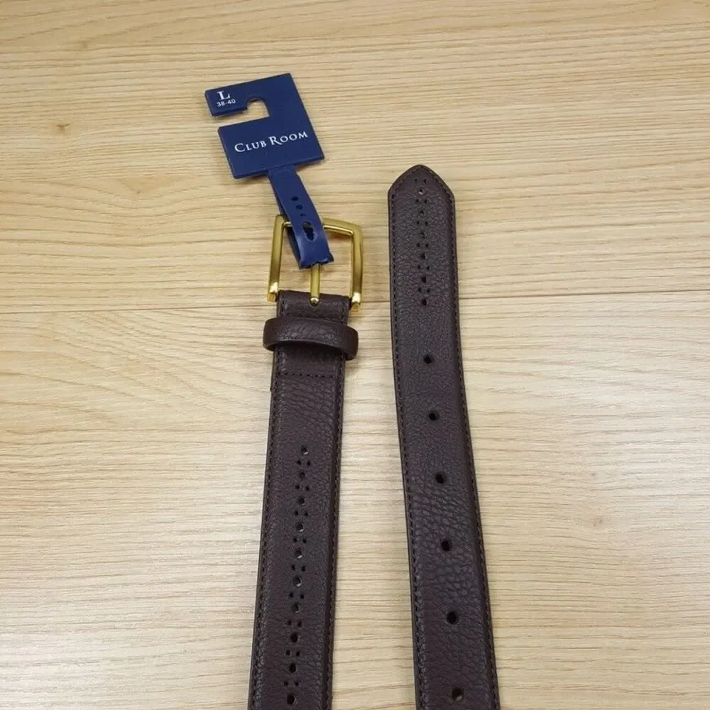 CLUB ROOM Belt Mens Size Large 38 40 Dark Brown Baroque Perforated Gold Buckle